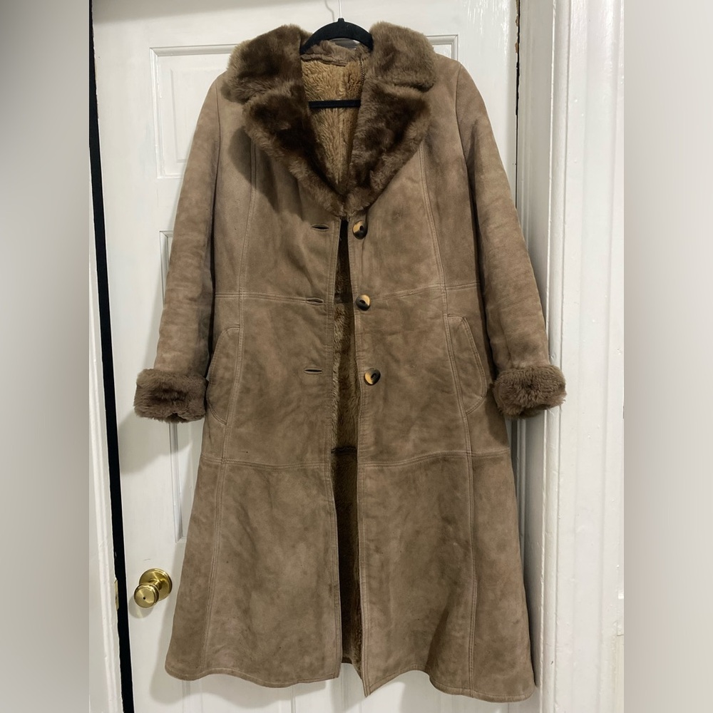 Long suede coat with fur trim and lining